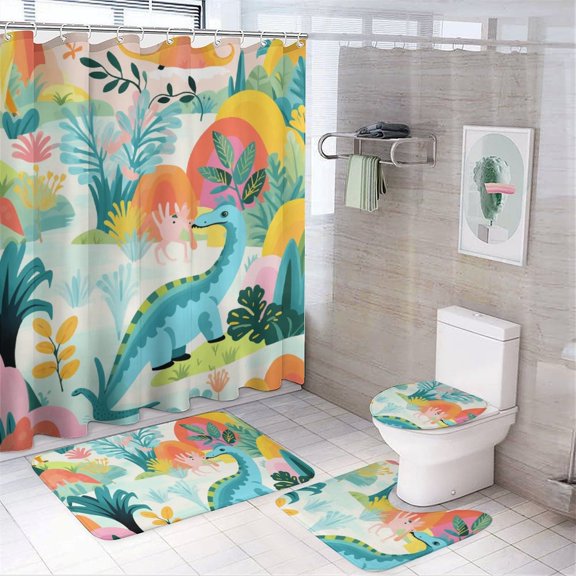 Dinosaur 4 Pcs Shower Curtain Set with Rug Bathroom Sets with Waterproof Fabric And Non-Slip Rugs Toilet Lid Cover Bath Mat Decor with Hooks