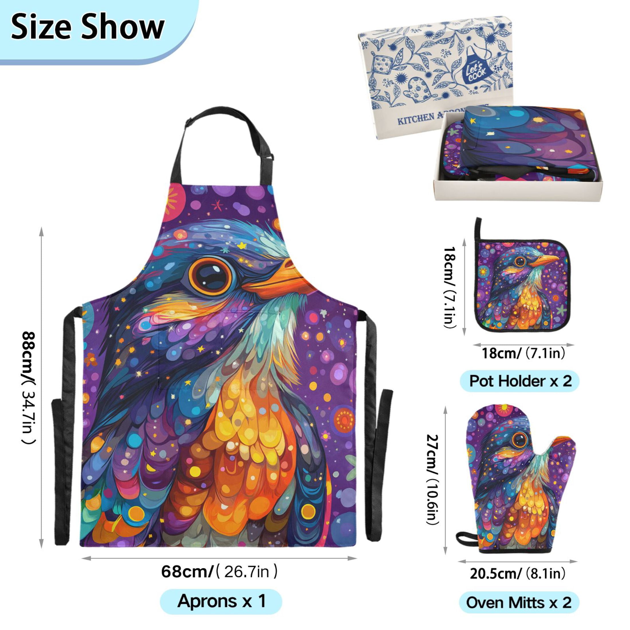 Cute Bird and Star 5 Pcs Kitchen Set Heat Resistant Oven Mitts and Non-Slip Pot Holders with Adjustable Cooking Apron