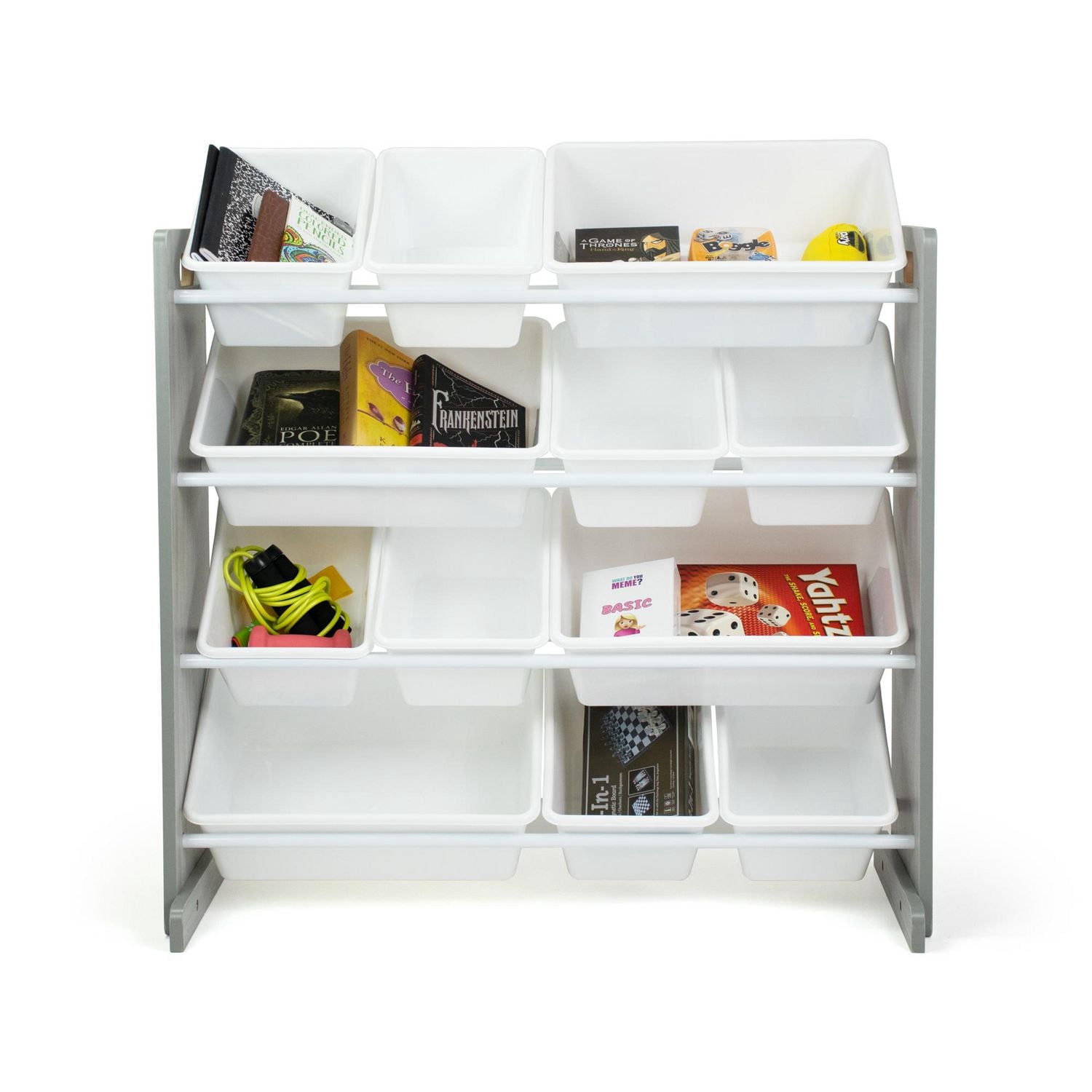 Humble Crew Slate Toy Storage Organizer with 12 Storage Bins, Grey Wood Grain/White