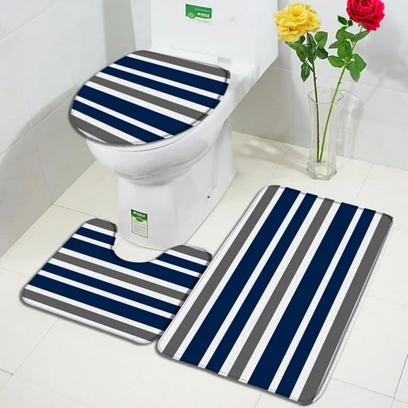 Blue and Grey Striped Bath Mat Set Creative Design Modern Minimalist Geometric Home Bathroom Decor Non-slip Rug Toilet Lid Cover