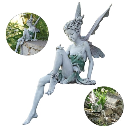 Sitting Fairy Statue Fountain Pond Ledge Fairy with Wing Garden Statues Home Shelf Patio Figurine Bayard European Weatherproof Sculpture   White