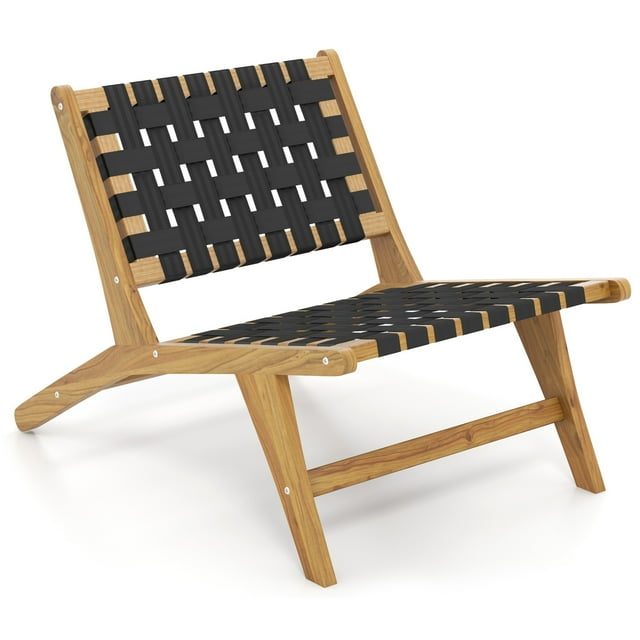 Gymax Chaise en Teck avec Siège et Dossier en Sangle Tressée pour Patio Style Mi-Siècle Moderne