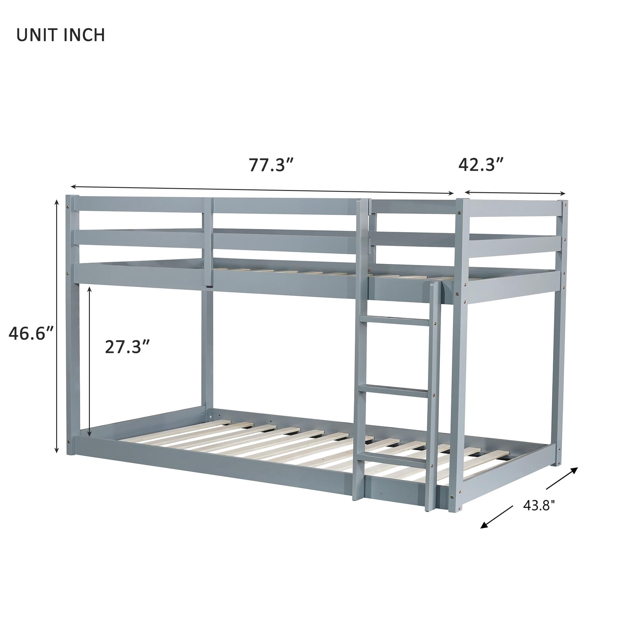 Sailvan Twin over Twin Floor Bunk Bed with Ladder, Solid Wooden/Solid Rubber, Upper and Bottom Bed Platforms crafted with Strengthened Slats