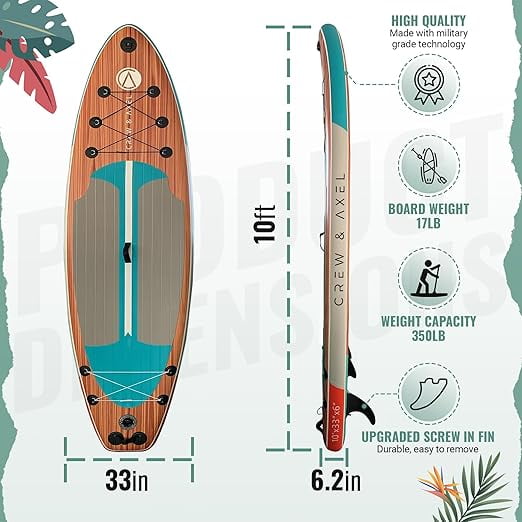 Crew & Axel Inflatable Paddle Board SUP 10FT (6.2” Thick) Non Slip Stand up Paddleboard Set W/Backpack (Light Wood)