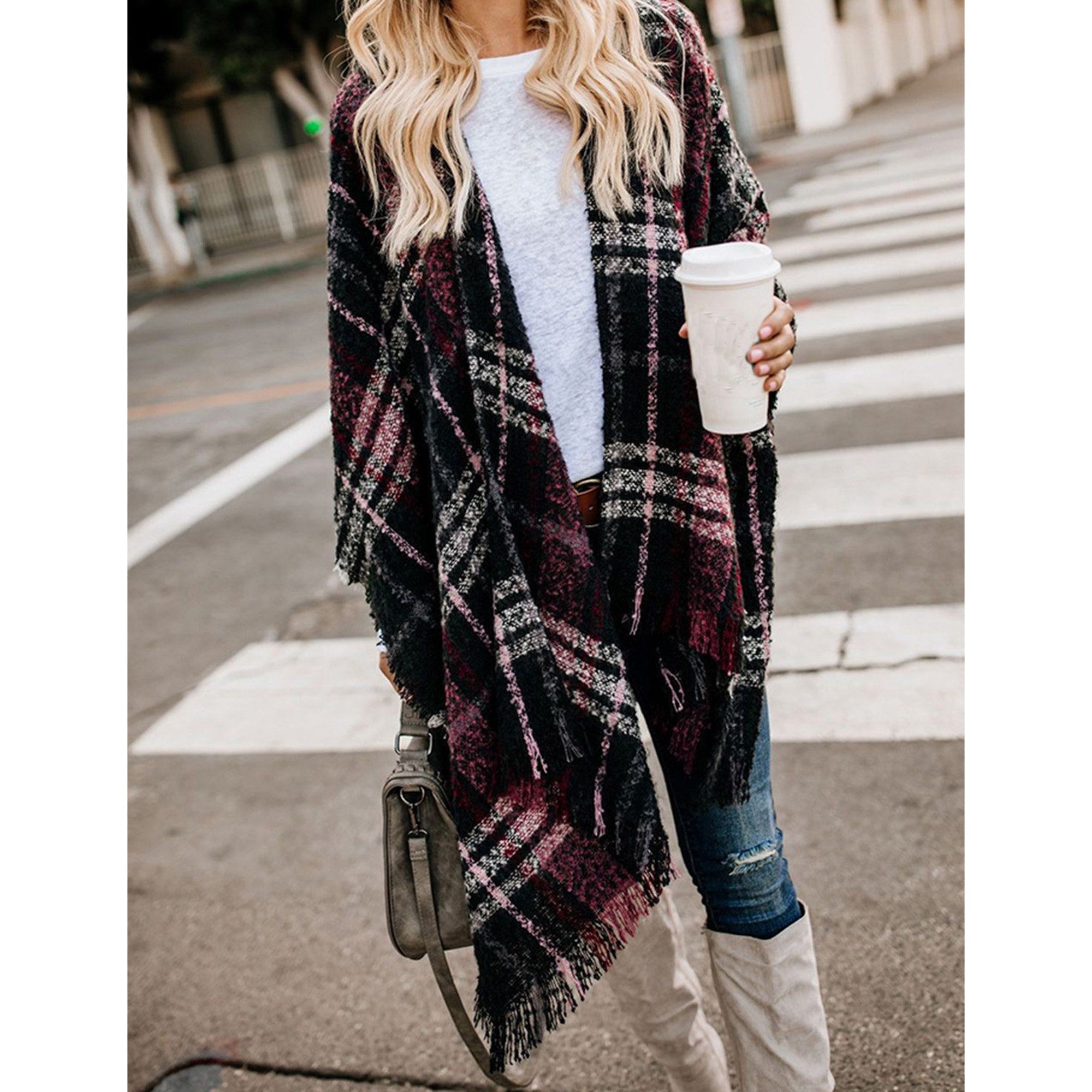 Women Boho Buffalo Plaid Poncho Pashmina Shawl Wrap Cape Sweater Knitting Cardigan With Tassel