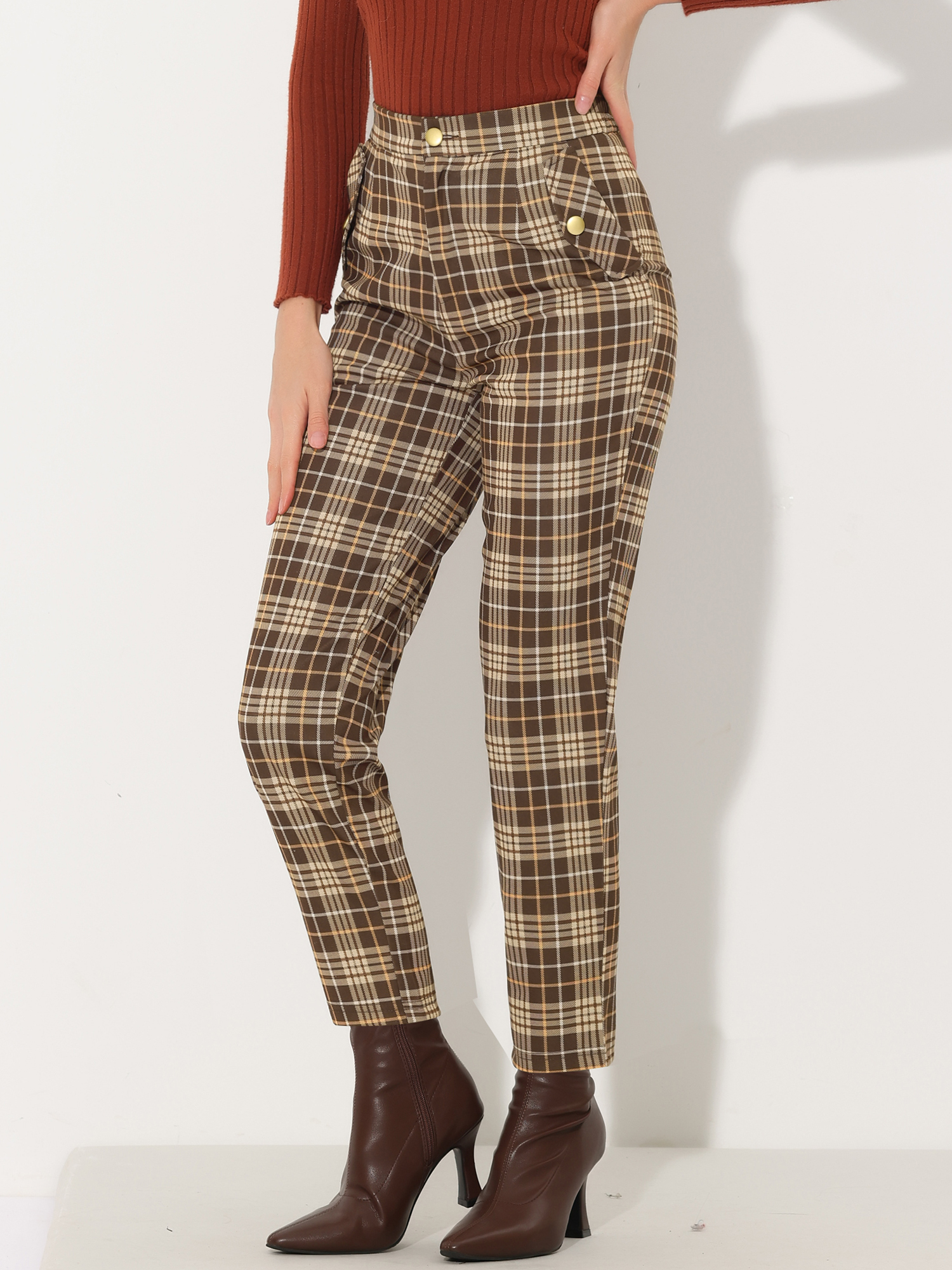 DARING DIVA Women's Tartan Plaid Pants Elastic Waist Straight Trousers XS Brown Beige