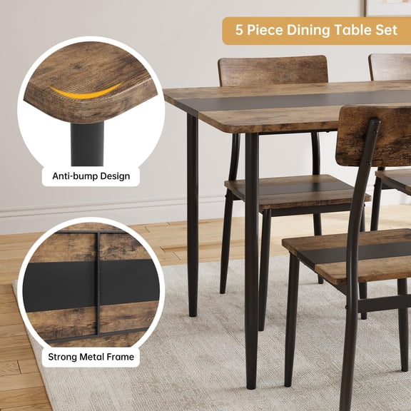 5-Piece Dining Table Set for 4 with Metal Frame & MDF Top – Two-Tone Spliced Desktop, Space-Saving Kitchen Table and Chair Set for Apartment or Dining Room – Vintage Black Fine Linen