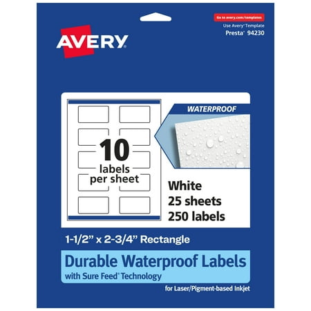 UPC: 0072782365561 | Avery Durable Waterproof Rectangle Labels with Sure Feed  Print to the Edge  1.5  x 2.75   250 Oil and Tear-Resistant Labels  Laser/Pigment-Based Inkjet Printable Labels (36556)