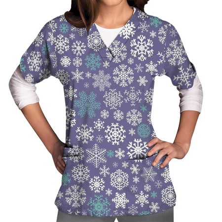 

Christmas Clothes Clearance! TMOYZQ Womens Christmas Scrub Tops Loose Medical Working Uniforms 3 Pockets Classic Fit Short Sleeve V Neck Cartoon Printed Nursing Workwear Professional Blouse