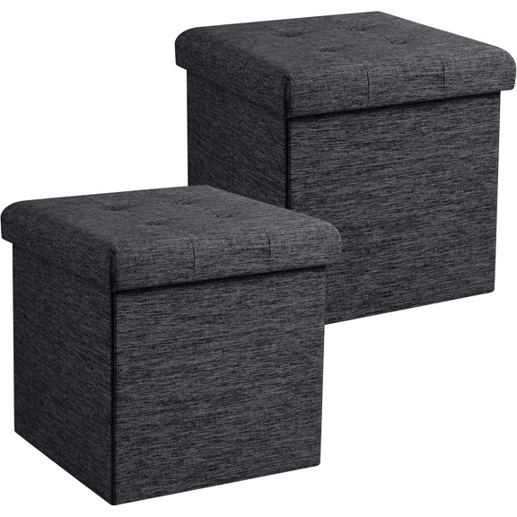 Ornavo Home 2 Pack 15 Inch Folding Storage Ottoman, Square Cube Linen Small Storage Ottoman Foot Rest Stool - Black