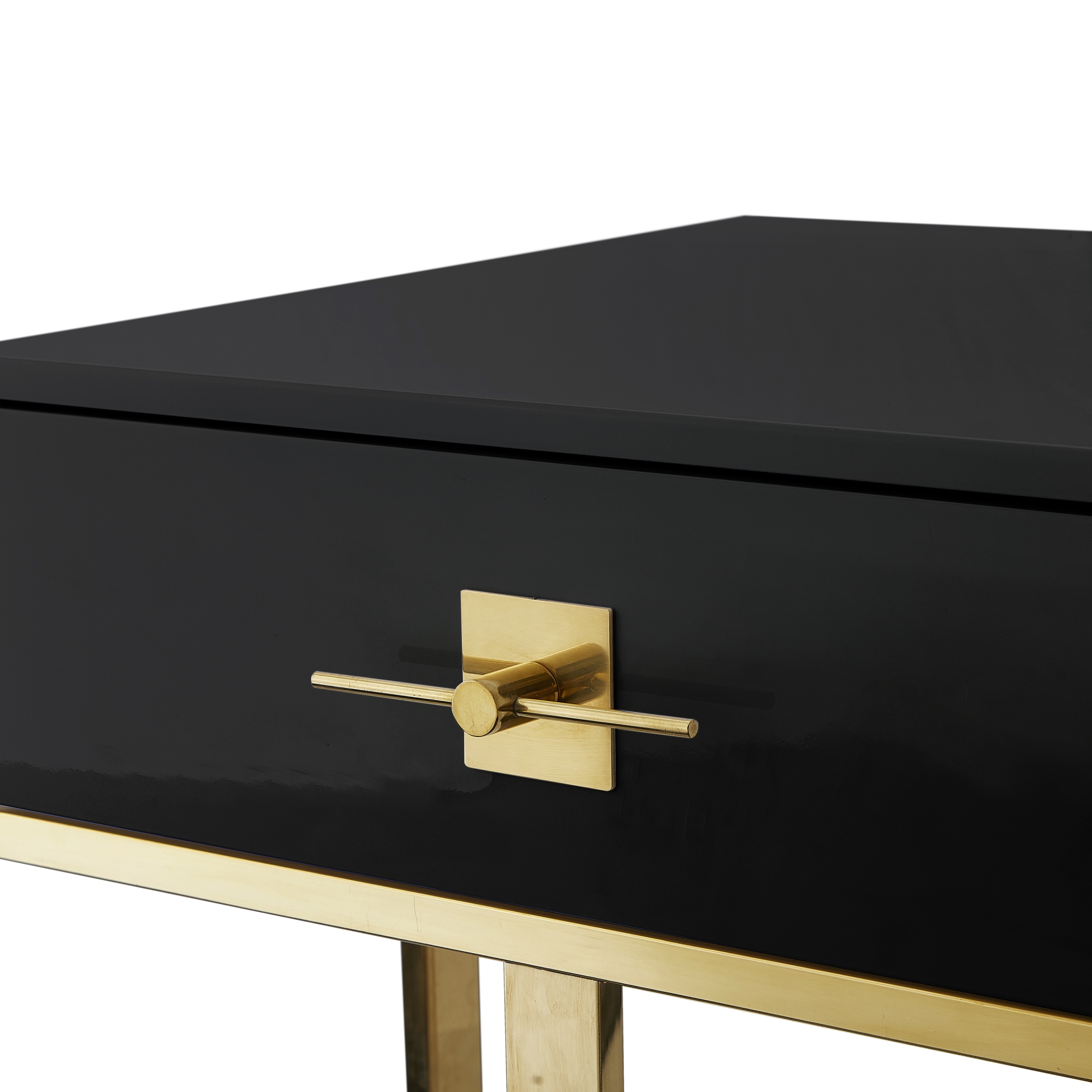 Hilo Black Gold Side Table - 1 Drawer, Hight Gloss Lacquer Finish, Polished Stainless Steel Base