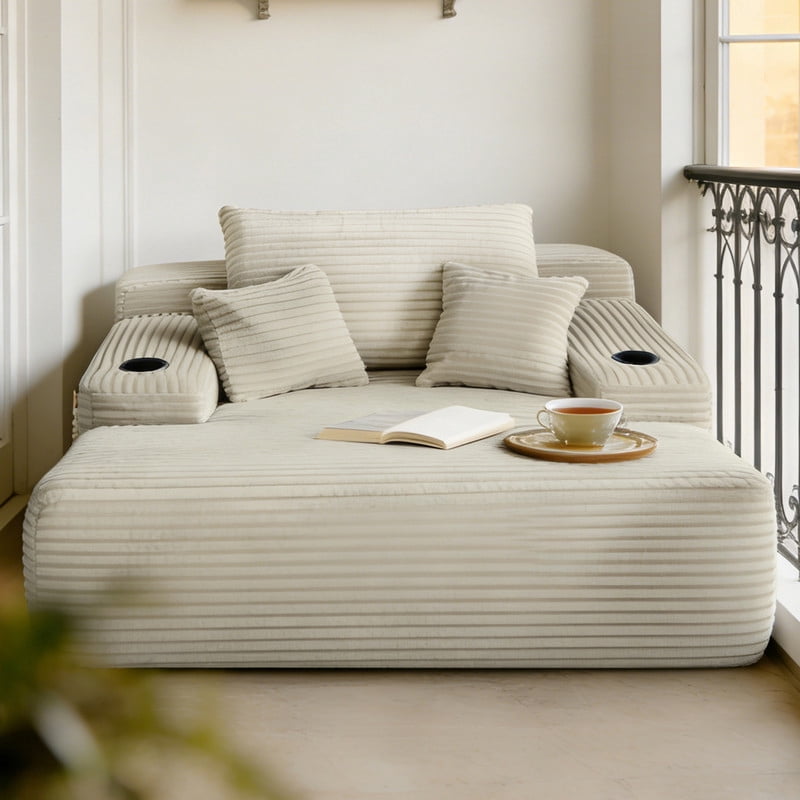No-Assembly Chaise Lounge Armchair with Throw Pillows, Boneless Single Sleeper Sofa Bed with Cup Holder & Storage Pocket