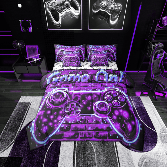 Gamepad Comforter Set Bed in a Bag 7 Pieces King,Dreamy Purple Gaming Bedding Set, Men Home Video Game (Comforter Fitted Flat Sheet 2 Pillowcases 2 Throw Pillow Covers)