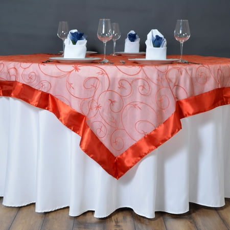 

BalsaCircle 72 x 72 Burnt Orange Embroidered Sheer Organza Square Table Overlays Party Tablecloth