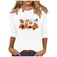 thumbnail image 3 of VKOYWKM Women's Halloween Tops 3/4 Sleeve Spooky Pumpkin Ghost Graphic T Shirts Fall Crew Neck Loose Party Blouses Halloween Costume, 3 of 5