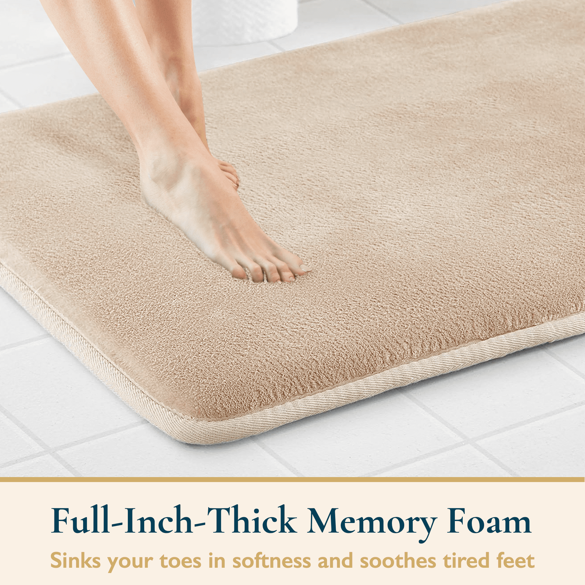 ComfiTime 2 Piece Bathroom Rugs Set – Thick Memory Foam, Non-Slip Bath Mat, Soft Plush Velvet Top, Ultra Absorbent, Small, Large & Long Rugs for Bathroom Floor, Beige, 17*24 & 20*32