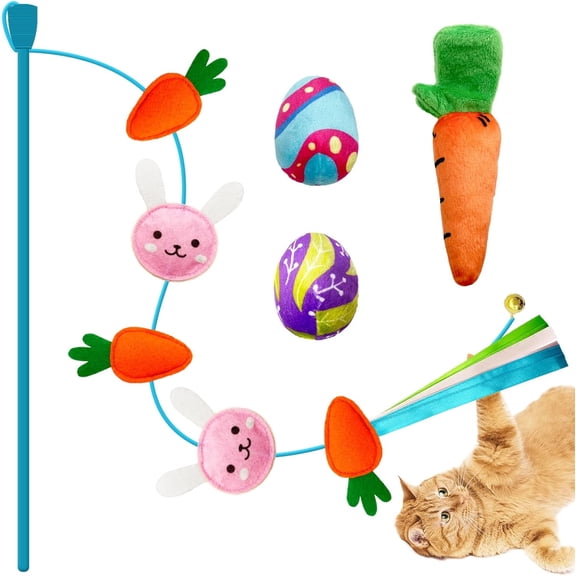 Lepawit 4 Pack Easter Cat Toys, Bunny Cat Wand Toy with Bell, Easter Egg Catnip Toys with Crinkle, Easter Gifts for Indoor Cats & Kitten & Kitty