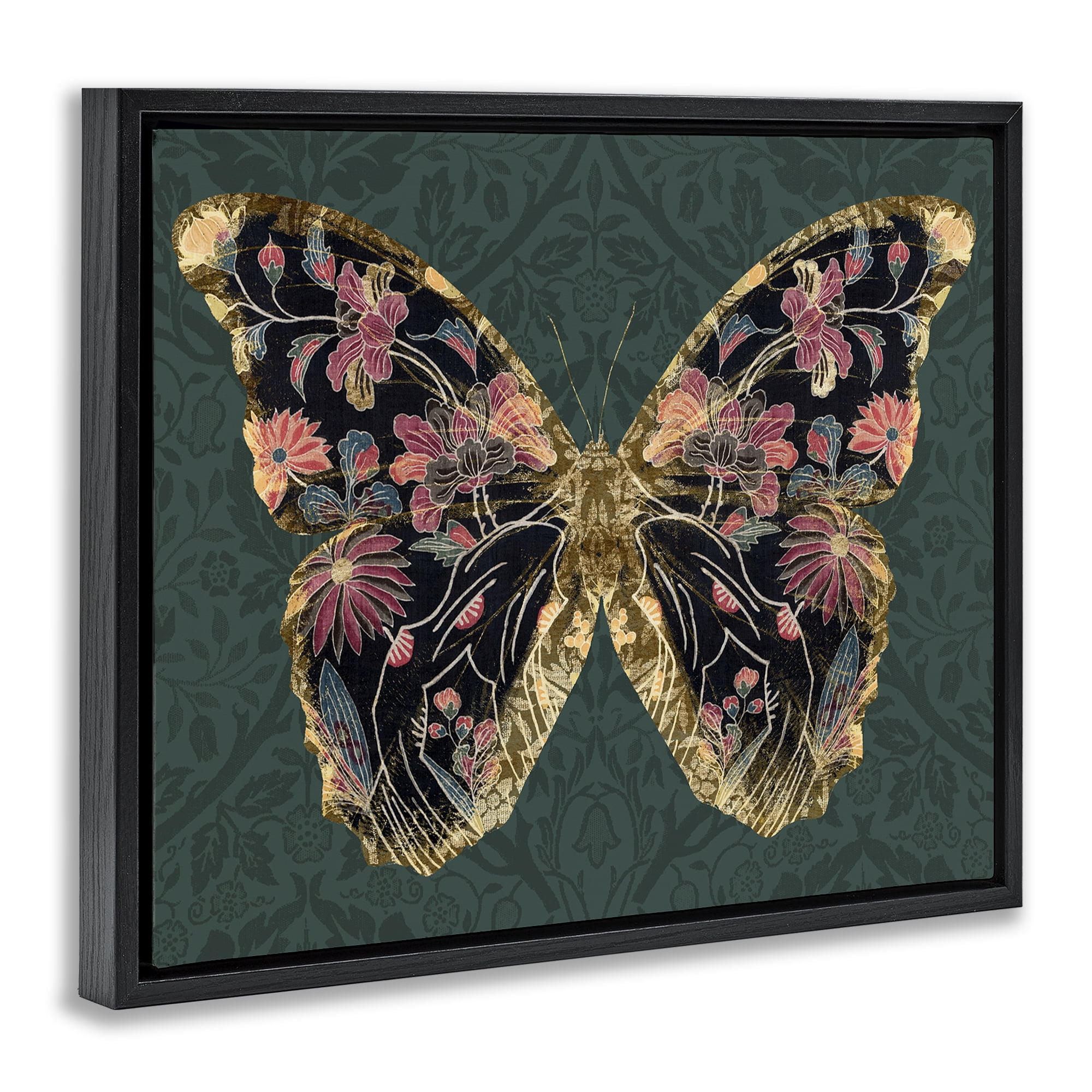 Stupell Industries Botanical Pattern Butterfly Animals & Insects Painting Black Floater Framed Canvas Art Print Wall Art, 21 x 17