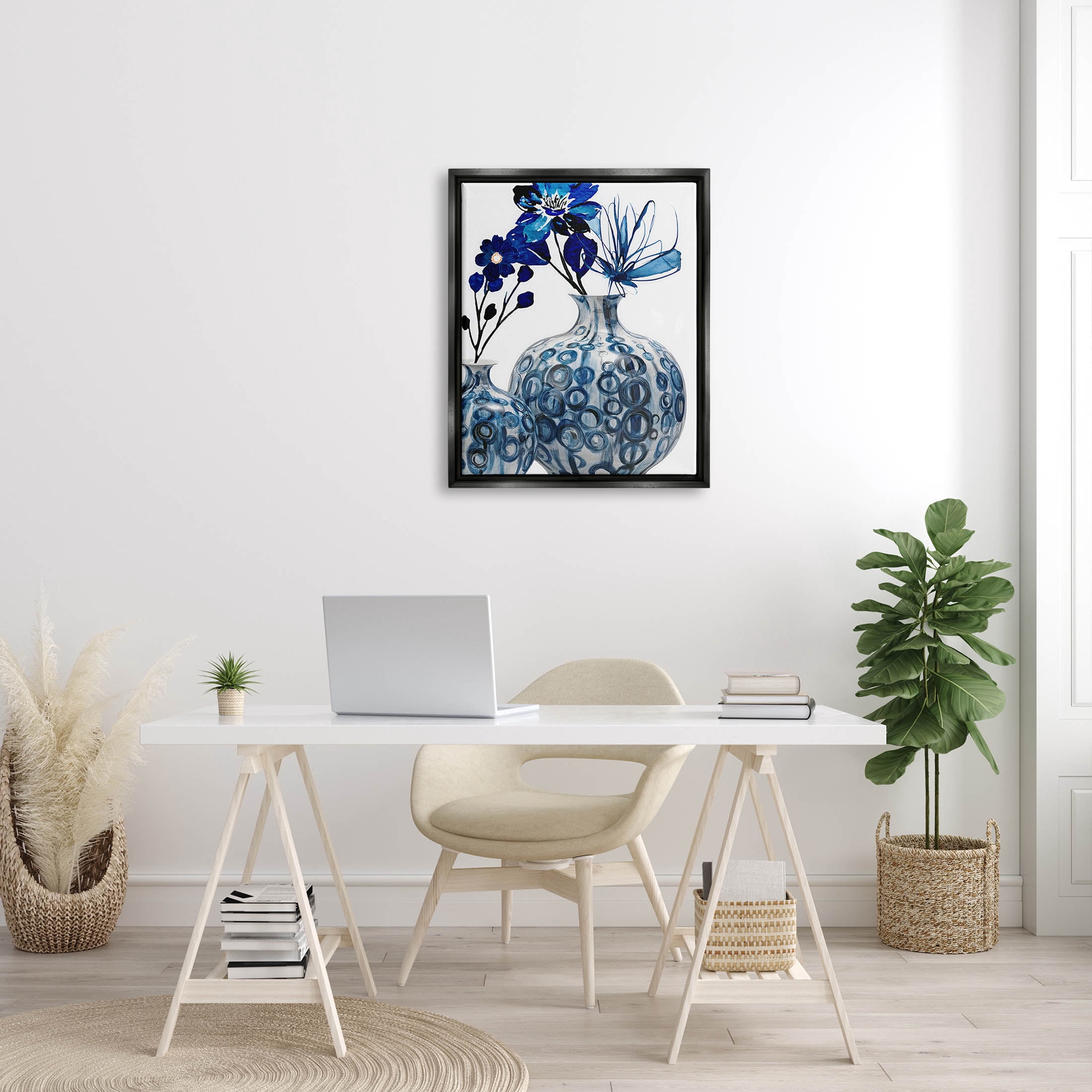 Modern Blue Floral Ornate Vase Botanical & Floral Graphic Art Jet Black Framed Art Print Wall Art