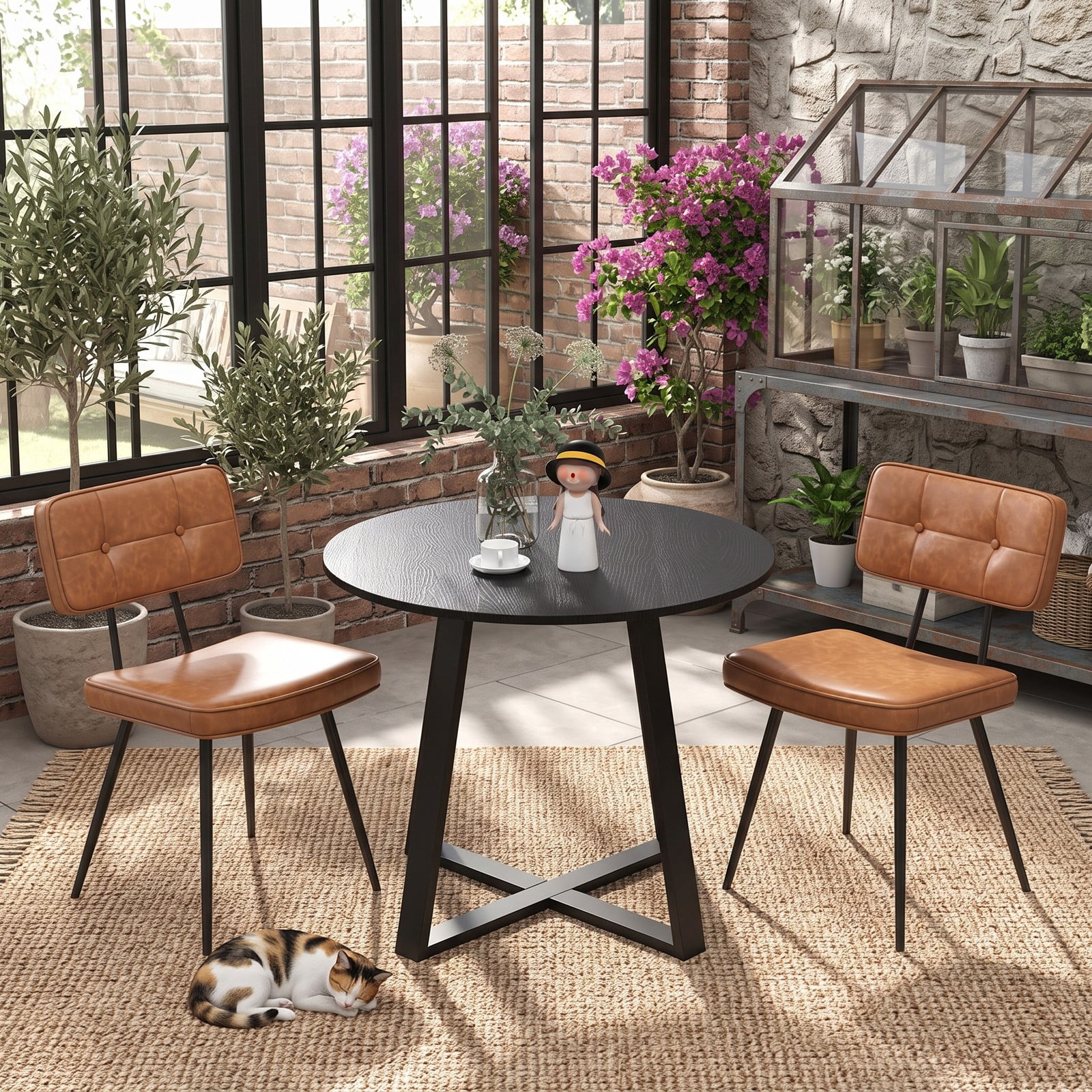 Furnibear Dining Chairs Set of 2, Upholstered PU Leather Kitchen Chairs with Padded Backrest and Cushioned Seat, Metal Tapered Legs Side Chairs for Dining Room, Brown