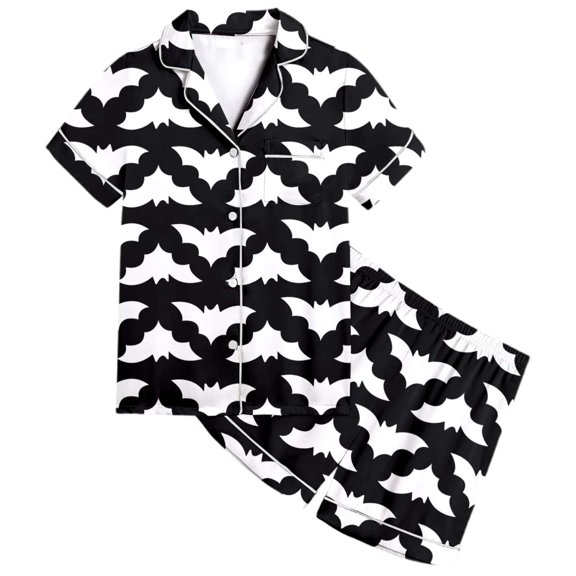 CAIVO Girls Halloween 2 Piece Pajama Sets Cute Pumpkin Bat Print Lapel Short Sleeve Button Down Shirt With Shorts Sleepwear For Kids Comfortable Casual Loungewear