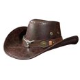 thumbnail image 5 of pinyuzog Vintage Western Cowboy Hat Ox Head Belt Rivet Fedora Hats for Men Women Outdoor Travel Wide Brim Faux Leather Cowgirl Sun Caps, 5 of 9