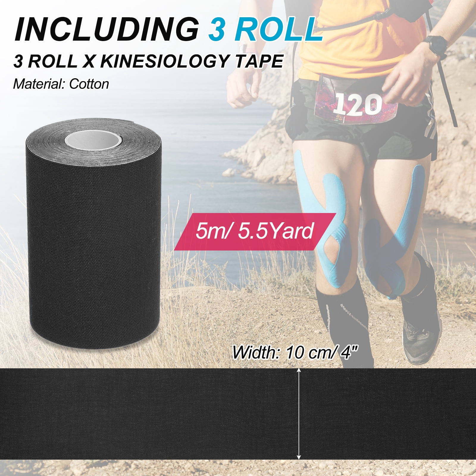 Uxcell 5.5 Yard x 4 inch Kinesiology Tape, 3 Roll Adhesive Cotton Sports Muscle Support Tapes Waterproof Elastic Tape, Black