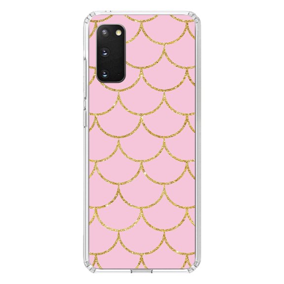 DistinctInk Clear Shockproof Hybrid Case for Galaxy S20 ULTRA / 5G (6.9" Screen) - TPU Bumper, Acrylic Back, Tempered Glass Screen Protector - Pink & Gold Print - Scalloped Pattern