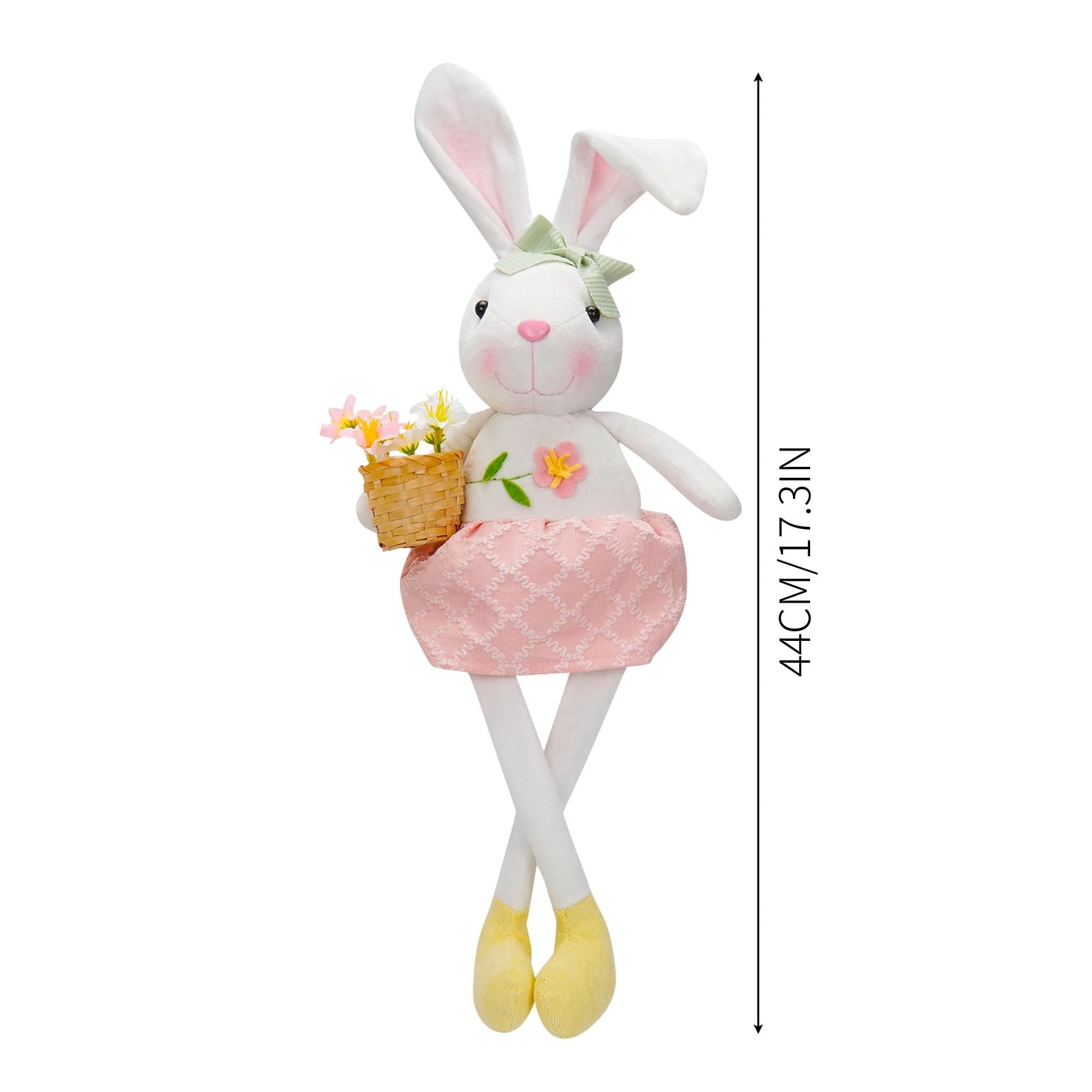 2PCS Easter Plush Bunny Dolls 17.3in with Carrot & Flower Basket, Soft PP Cotton Easter Rabbit Decorations for Party, Home Display & Kids Easter Basket Stuffers