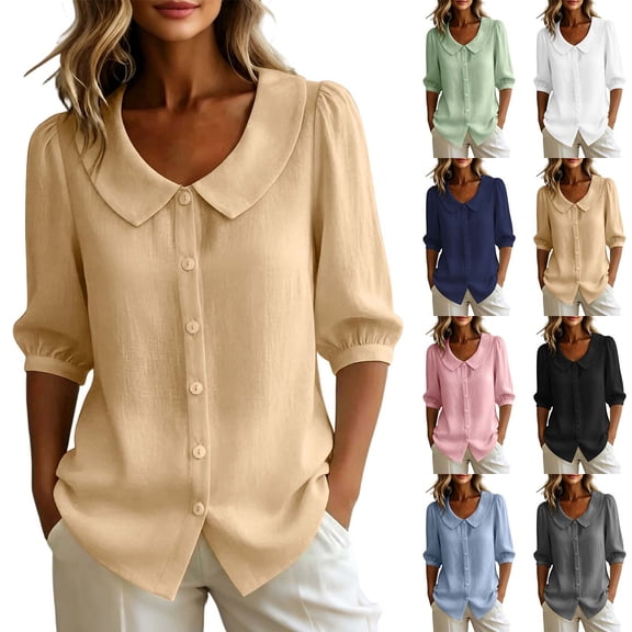 GERsome 3/4 Sleeve Shirts for Women Button Down Crew Neck Collared Tops Casual Work Summer Blouses,Khaki,Size L