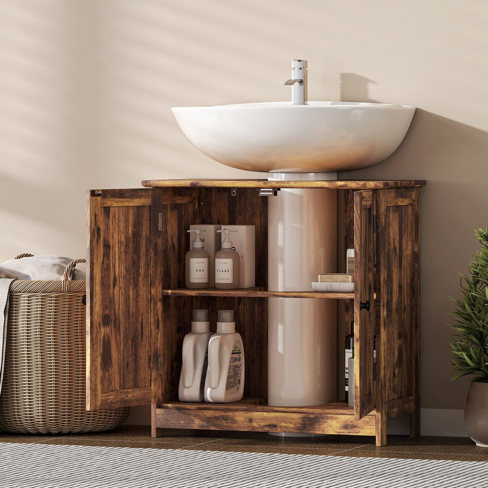 Bathroom Vanity Cabinet, Under Sink Organizer with Doors, Adjustable Shelf, Rustic Brown - Space Saving Bathroom Storage