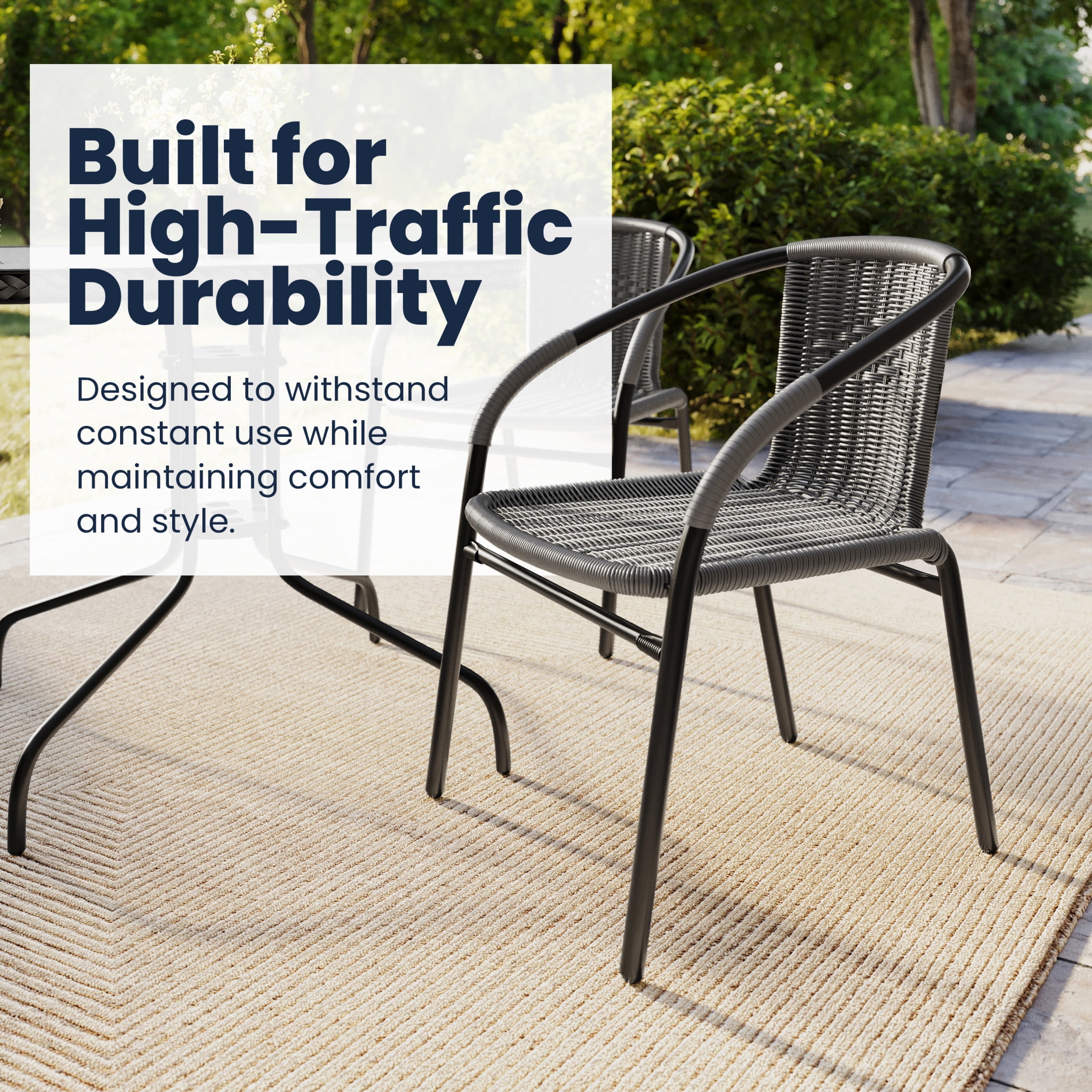 Flash Furniture 28'' Square Glass Metal Table with Gray Rattan Edging and 4 Gray Rattan Stack Chairs