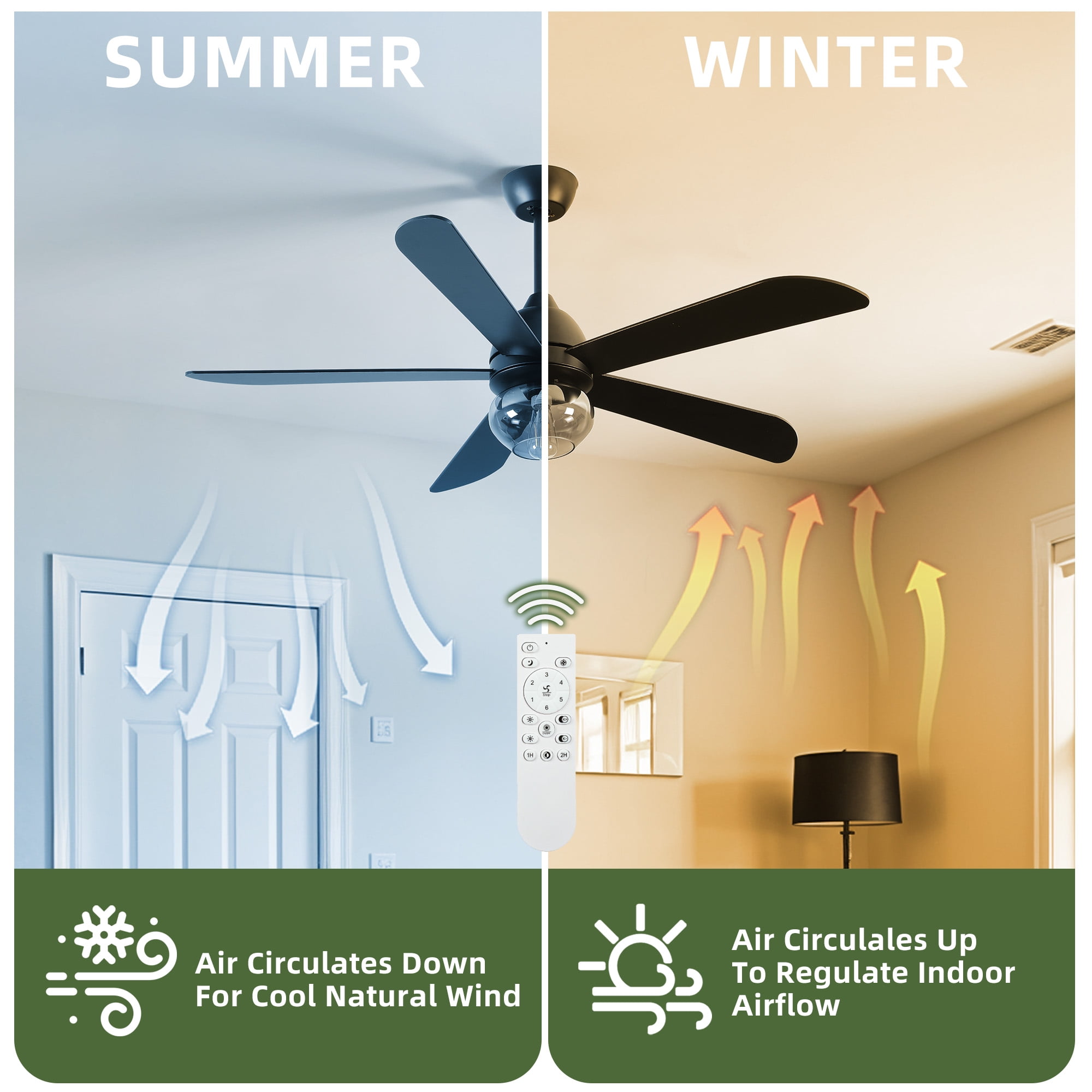 Uforic 52 inch Indoor Black Ceiling Fan with Light and Remote Control,Quiet 6-Speed Reversible DC Motor, 5 Blades for Living Room, Bedroom