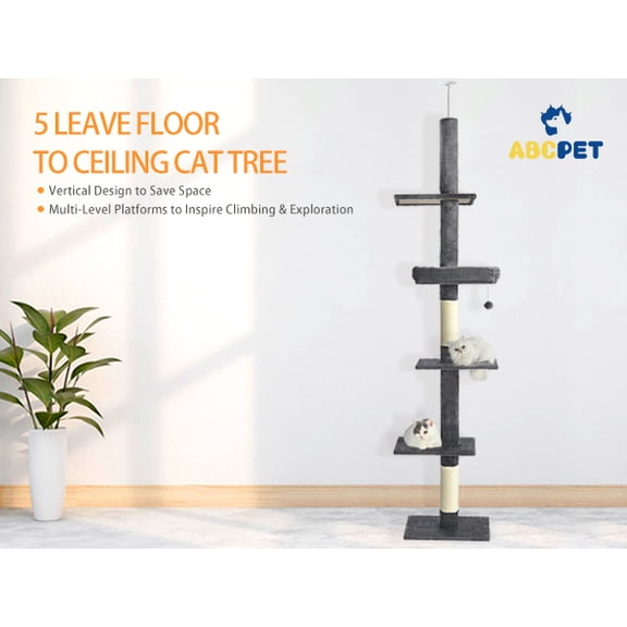 Floor-to-Ceiling Cat Tree, Adjustable 98–110, 5-Tier Tower with Hammock, Sisal Posts & Toys for Large Cats