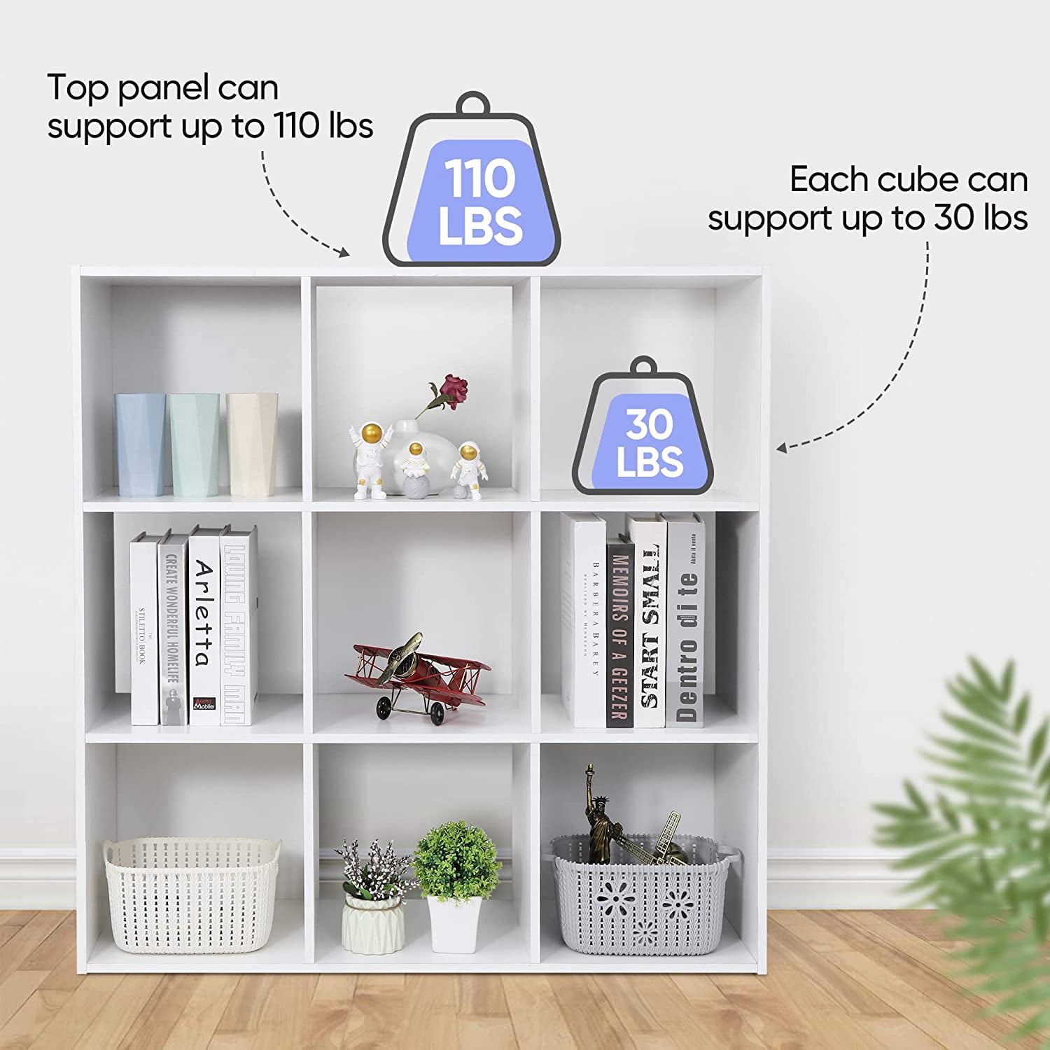 9 Cube Storage Organizer 11 inch Cube Storage Shelf 3 x 3 Wood Bookcase Display Bookshelf with 5 Removable Back Panels for Kids Children Home, Office, Bedroom, Living Room, White