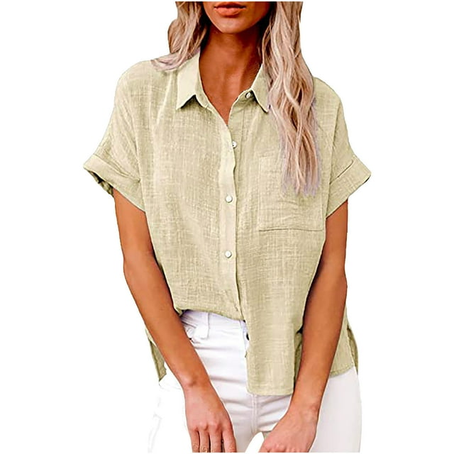 AherBiu Womens Button Down Shirts Cotton Linen Short Sleeve Plus Size Summer Casual Loose Tops Blouse
