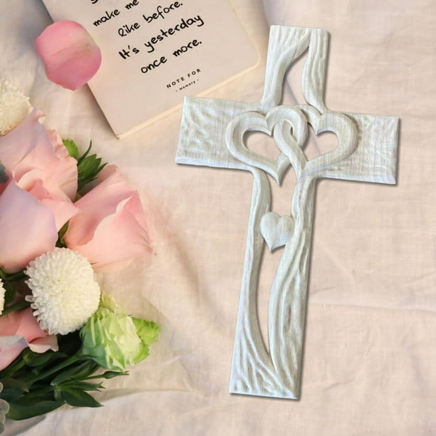 Escultura artística BLESIY Cruz de madera tallada corazón entrelazado Blanco