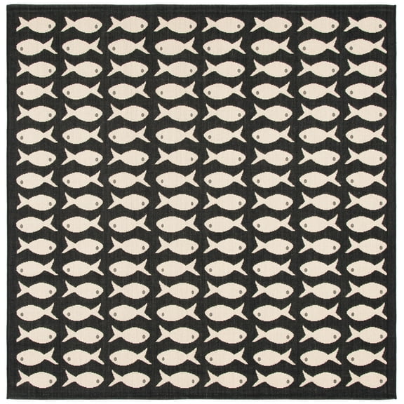 SAFAVIEH Courtyard Tranter Fishes Indoor/Outdoor Area Rug, Black/Beige, 4' x 4' Square