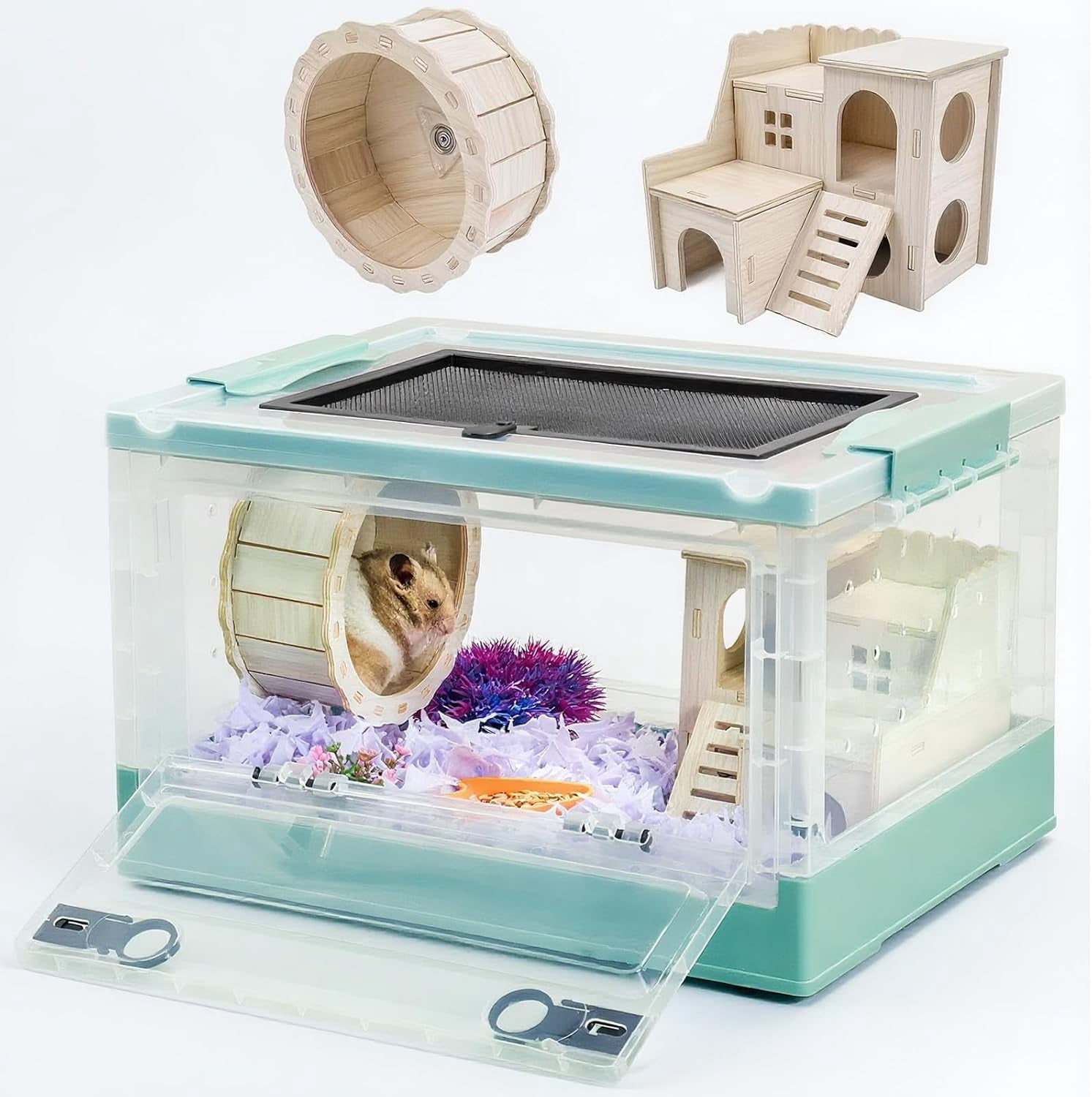 Portable Foldable Hamster Cage with Wheel, Castle Habitat, and Exercise Wheel, Easy to Move and Store for Guinea Pigs, Rats, and Other Small Animals (Blue)