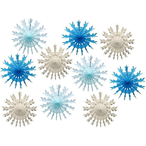 Set of 15 Inch Tissue Snowflake Decorations, White & Blue