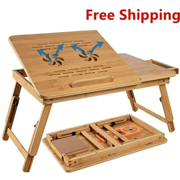 Bamboo Laptop Stand Bed Table Tray with Cooling Fan and Drawer, Height & Tilt Adjustable Portable Lap Desk Foldable Breakfast Table