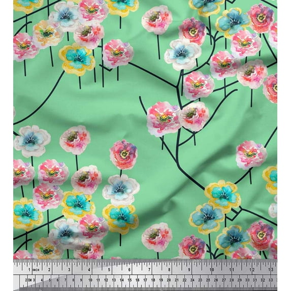 Soimoi Green Georgette Viscose Fabric Peony Floral Printed Craft Fabric by the Yard 42 Inch Wide
