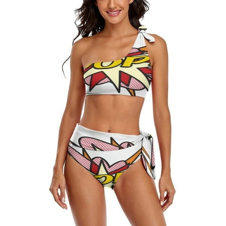 POP Comic Book Pop Art Flash Cool Graphic One Shoulder Bowknot Swimsuit Two Piece Swimsuit Knot Crop Top Bikini High Waisted Bathing Suit