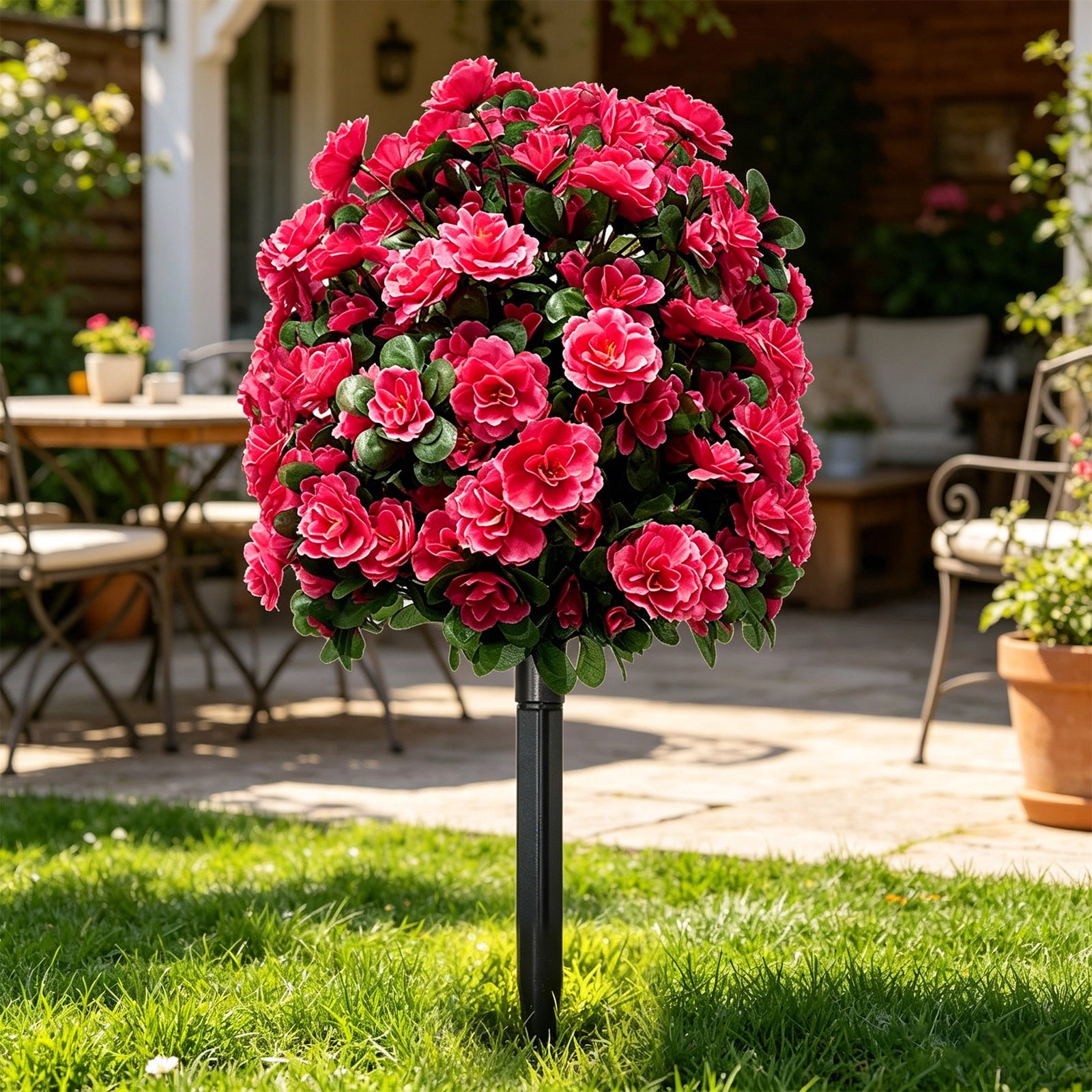 Artificial Rhododendron Tree - Magenta Fabric Flowers, Leaves, Metal Ground Stake, Outdoor Decoration, Scene Arrangement, Artificial Flowers, for Garden, Yard, Patio, UV-Resistant & Weather-Proof