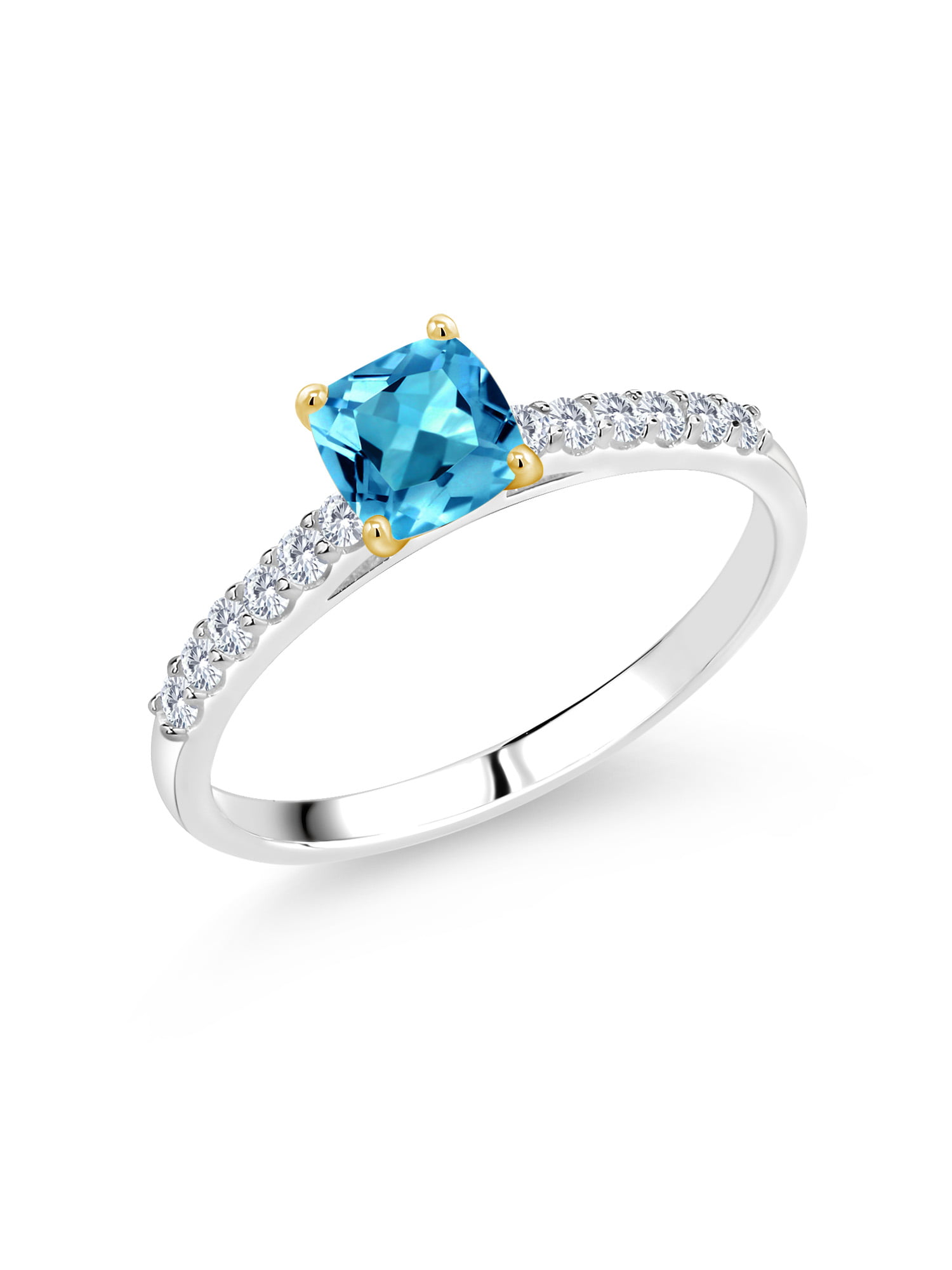 Gem Stone King 0.83 Ct Sky Blue Topaz White Diamond 925 Yellow Gold Plated Silver 3-Stone Ring