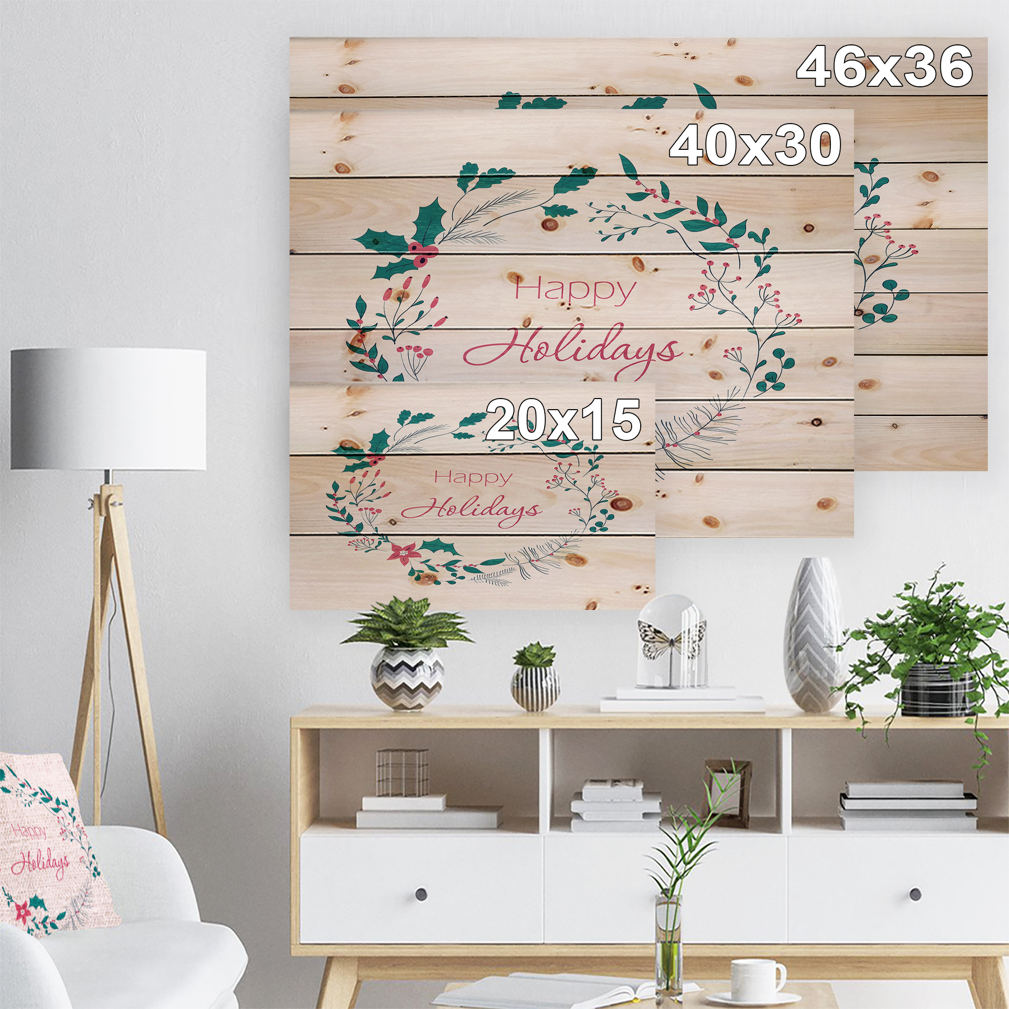 Designart 'Happy Holidays in Christmas Wreath' Print on Natural Pine Wood