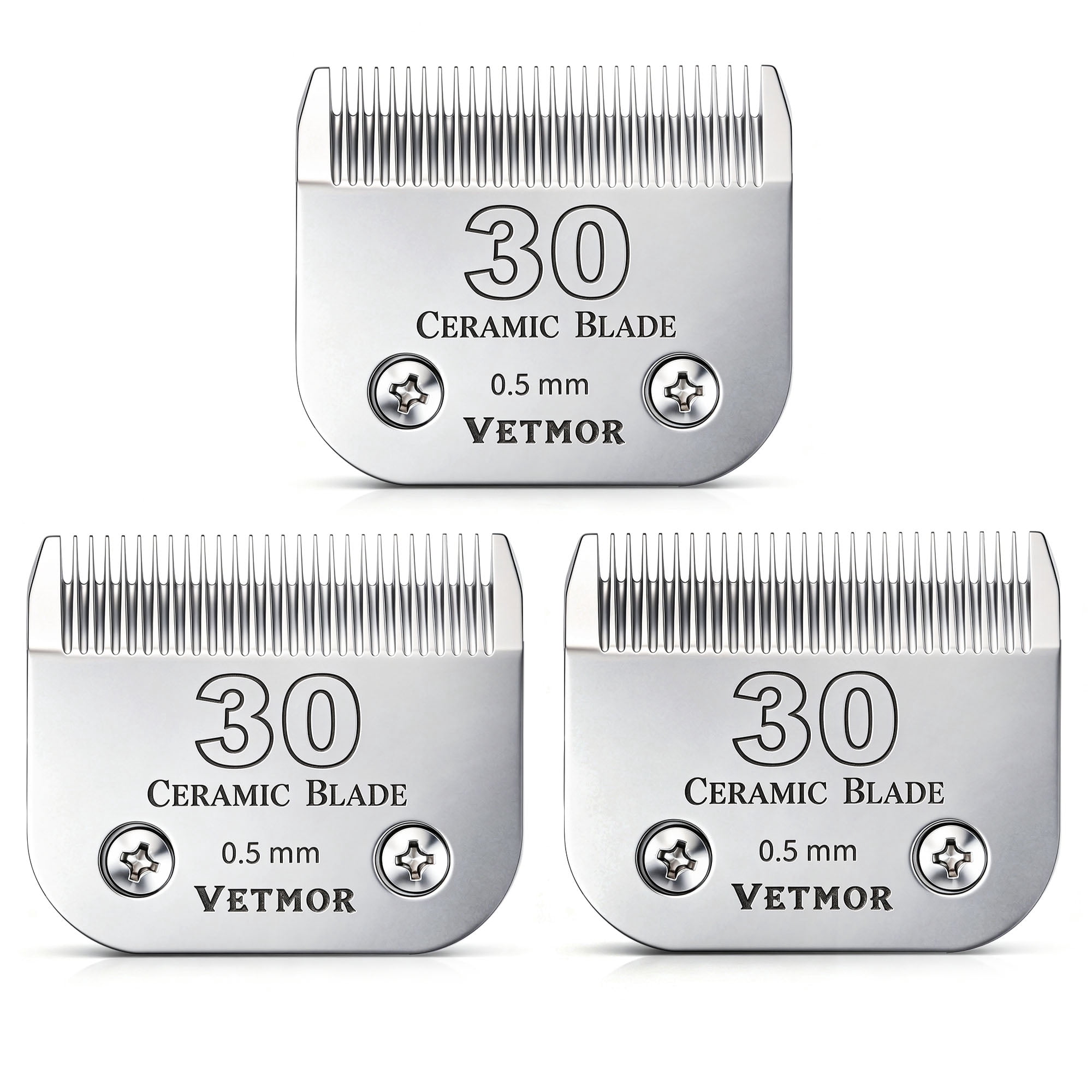 3 Pack #30 Detachable Ceramic Pet Dog Grooming Blades, Compatible with Andis, Oster A5, Wahl KM-10 Series, 1/50" (0.5mm) Cut Length