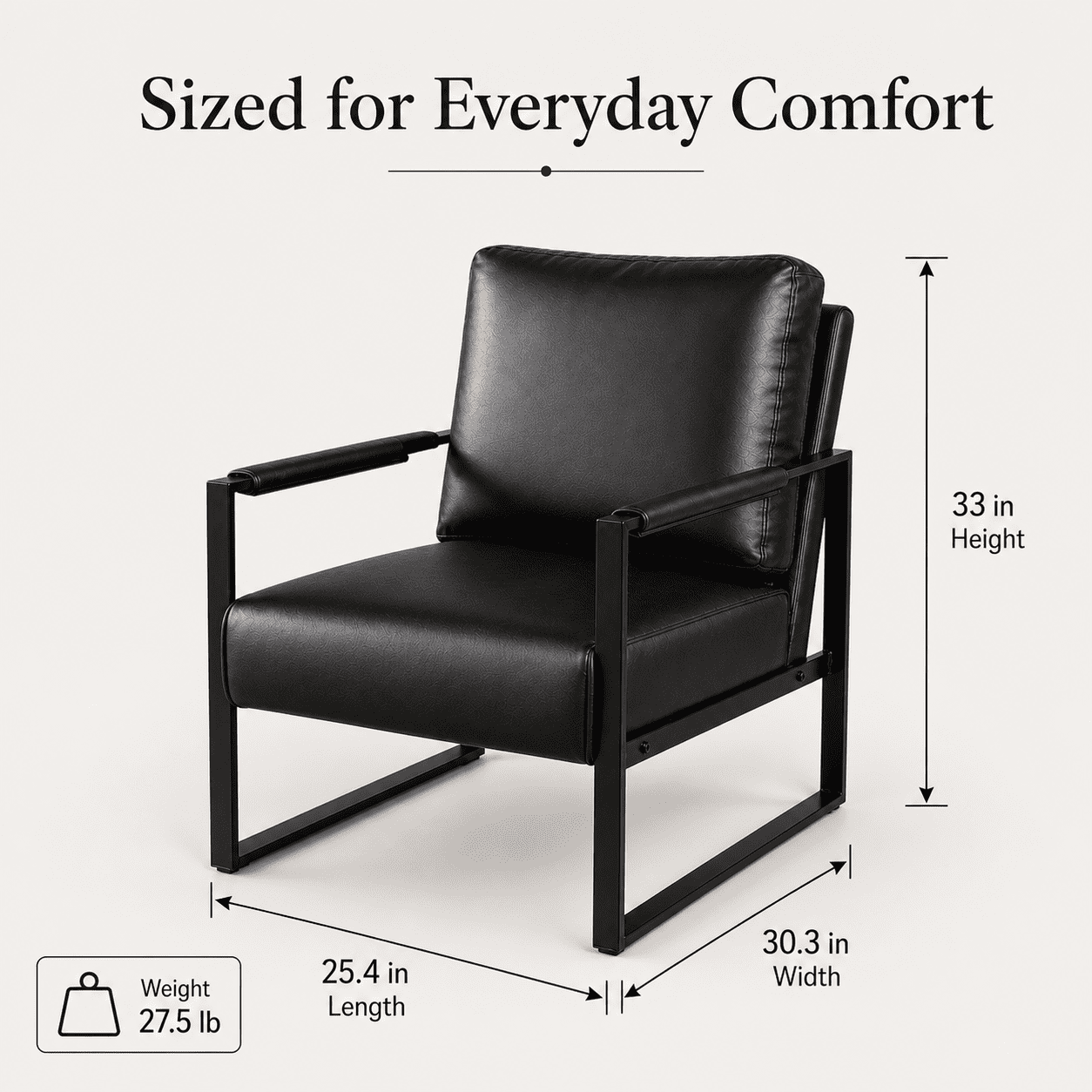 MOONMISS Mid-Century Modern Accent Chair,Black Square Metal Frame with Thick Cushion,Black PU
