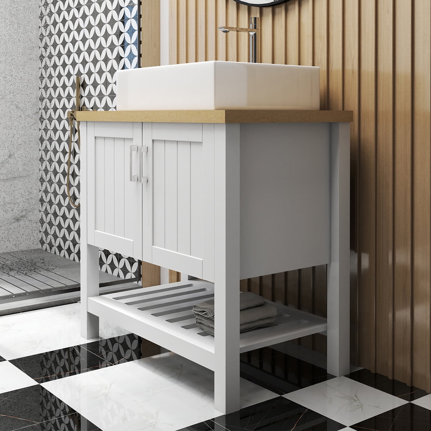 Demi Bonn 32" Bathroom Vanities Cabinet with Doors and Open Shelf, Single Bathroom Vanity Cabinet, Faucets and Drains Not Included, White