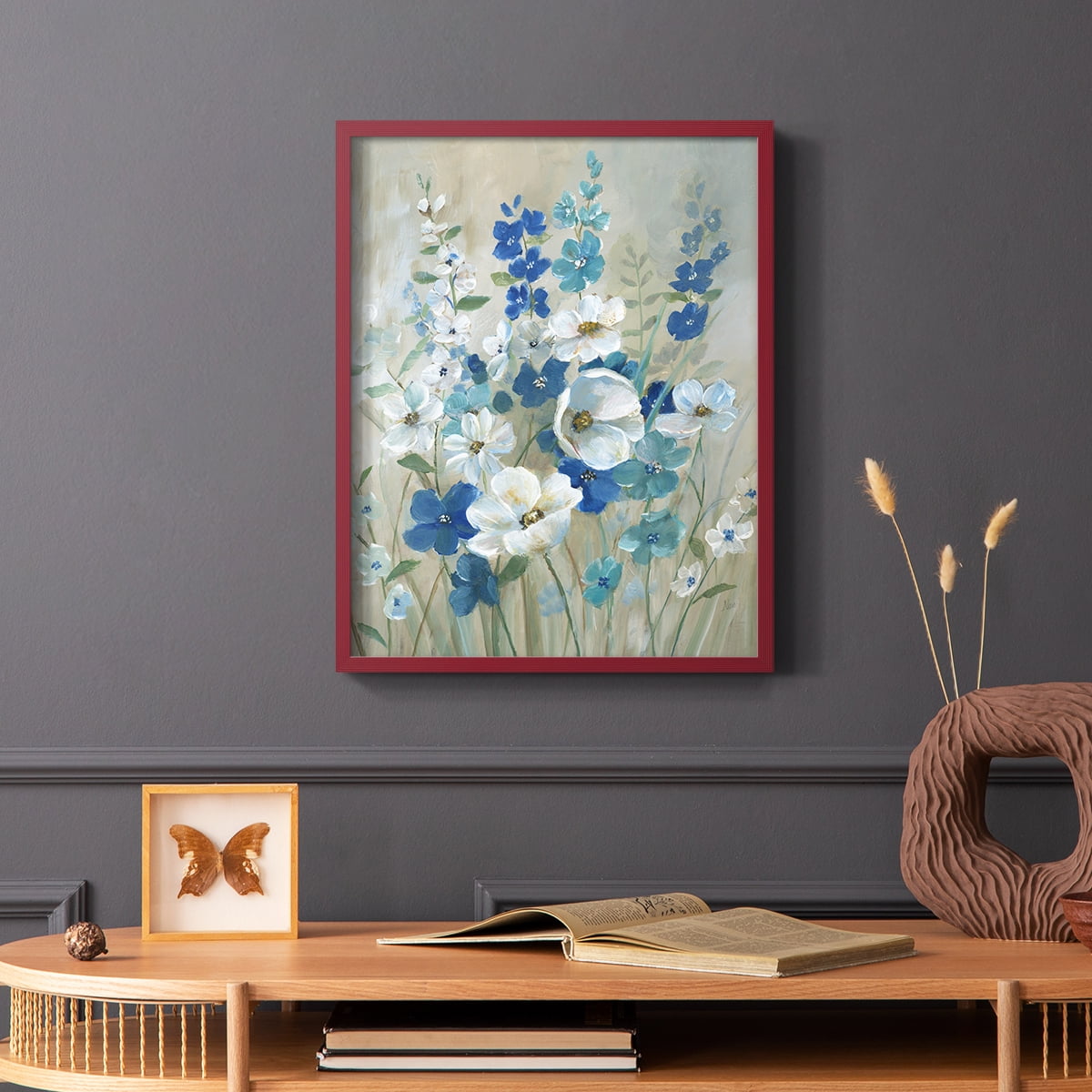 Blue Garden I Framed Print in Red Solid Wood Framed Print No Nail Hanging